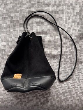 Black Suede Drawstring Wristlet Clutch by